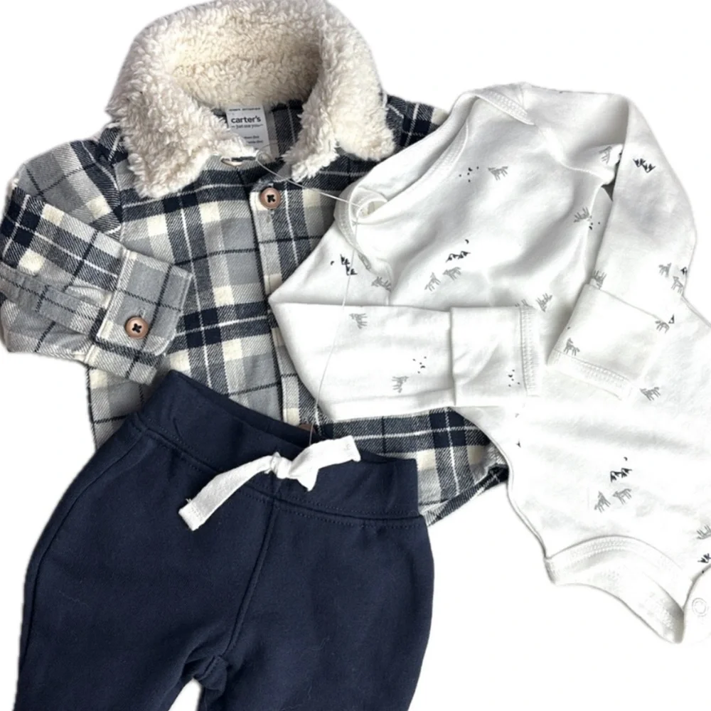 Carter's Plaid Jacket Sherpa Collar, Wolf Mountain Onesie and Navy Pants Set